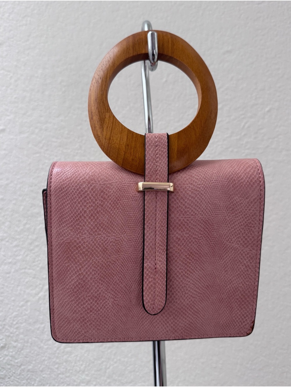 Pink Structured Clutch or Shoulder Purse Bag with Wooden Ring Handle